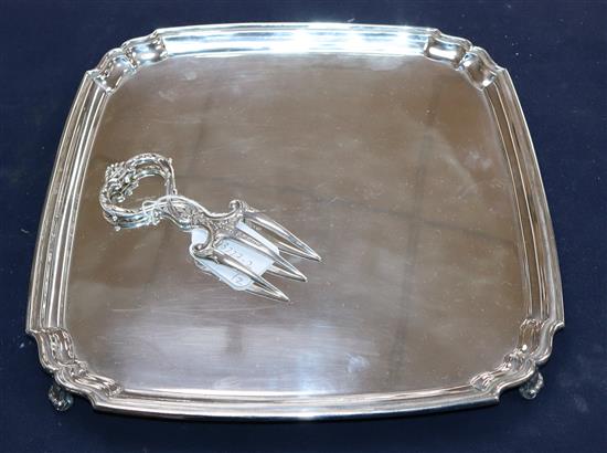 A George V square silver salver, Sheffield, 1928 and a plated bread fork, 31 oz.